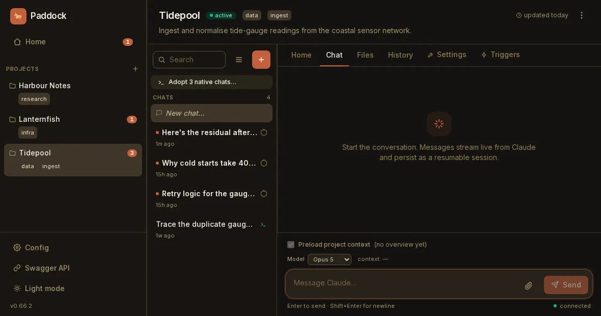 The chat list sidebar with an "Adopt 3 native chats…" row sitting directly above the CHATS label, followed by the project's existing chats
